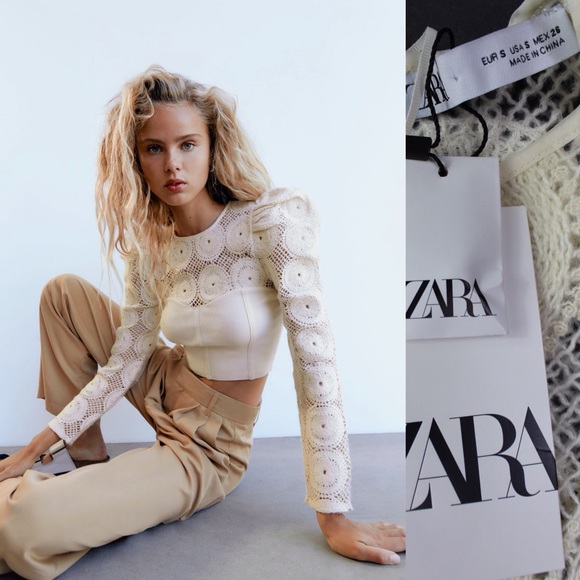 Zara NWT Bloggers Favorite Combination Knit Semi Sheer Puff Shoulder Top Small - Picture 7 of 11